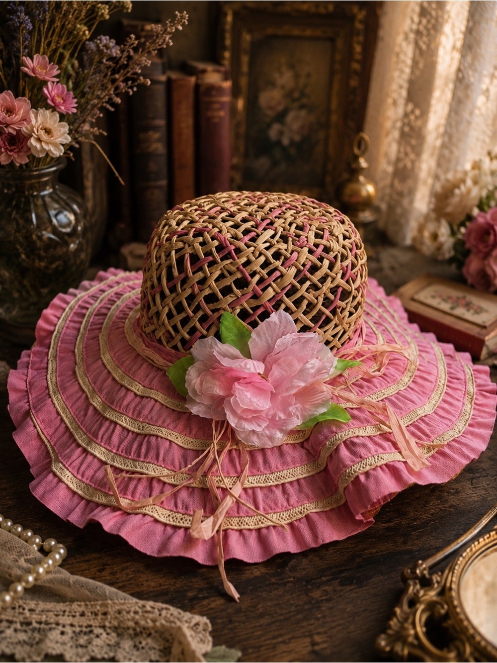 GORGEOUS 2-in-1 Designer-Style Reversible Straw Hat • Pink Floral + Black & Gold